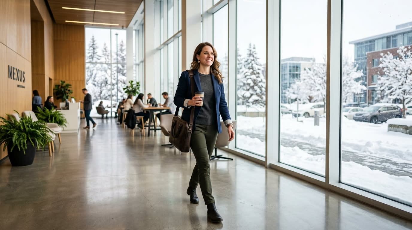 what does 333 mean for career — woman with a confident expression stepping into a modern office